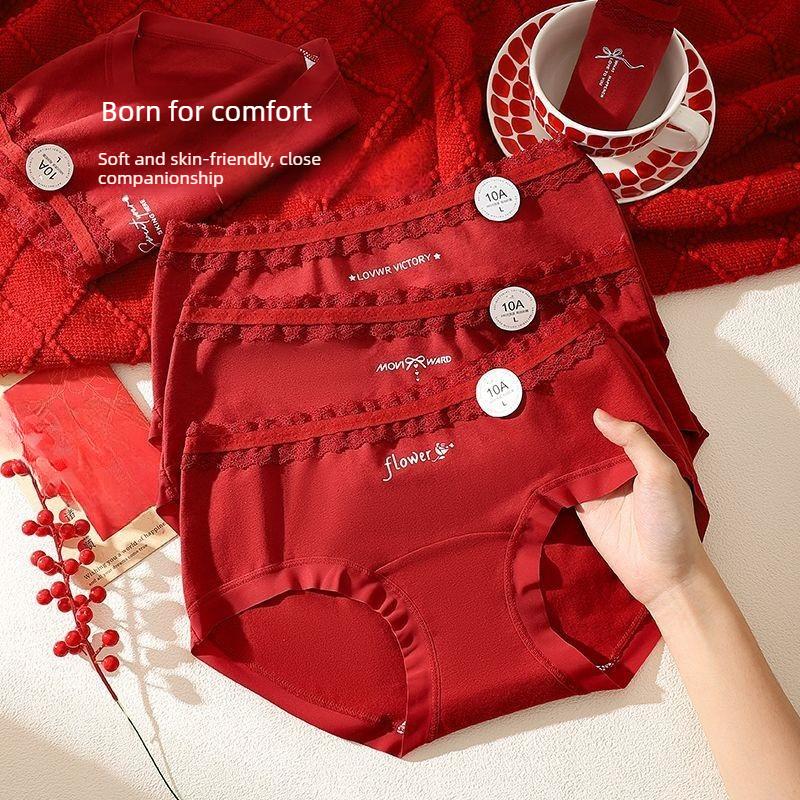 Female Spring and Autumn Year Marriage Red Skin Friendly 10A Antibacterial Extension Crotch Non Trace Stretch Briefs
