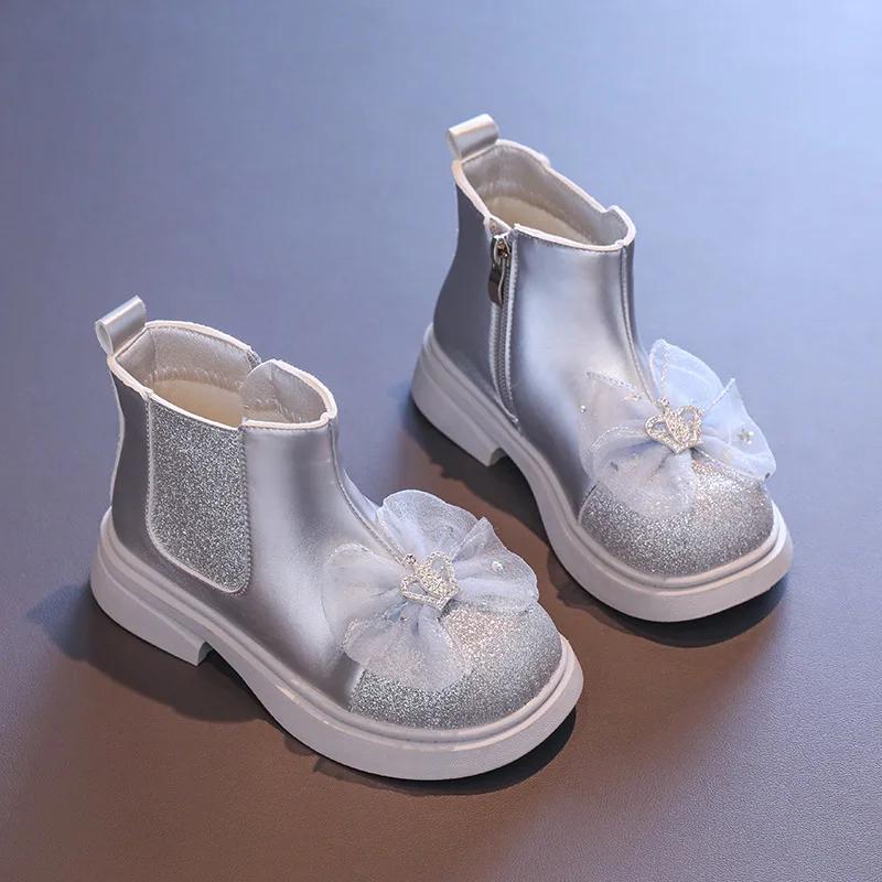 Children's Autumn Boots Luxury Sweet Girls Princess Boots Ankle Versatile Kids Fashion Causal Glitter Leather Boots Thick Bottom