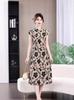 Plus-Size Korean-Style Loose-Fit Short-Sleeve Printed Midi Dress for Middle-Aged Women