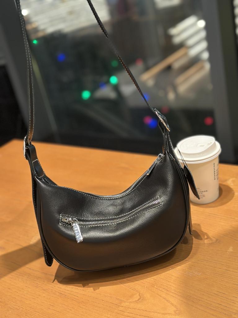 Women's Top Layer Cowhide Crossbody Bag - Ladies' Genuine Leather Model Crescent Bag, Vintage Stitching Shoulder Purse