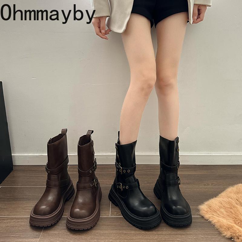 Herbst Winter Gürtelschnalle Damen Ritterstiefel Mode Slipper Vintage Plateau Quadratische Absätze Damen Mid Calf Stiefeletten