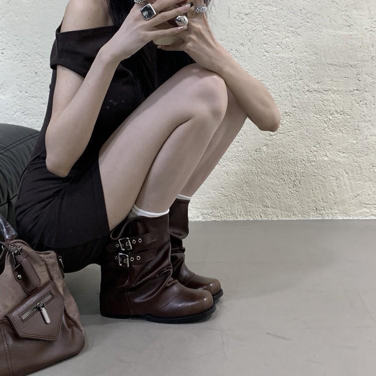 Coarse Heel Trousers Black with Skirt Martin Boots Women's Shoes 2025 New Brown Maillard Short Boots Spring and Autumn Single Boots