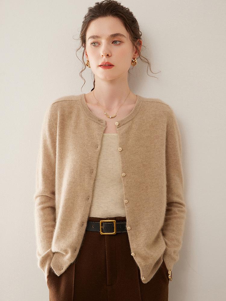 Women's Round Neck Cashmere Knit Cardigan - Long Sleeve, Loose Fit, Fashionable Outerwear for Autumn/Winter