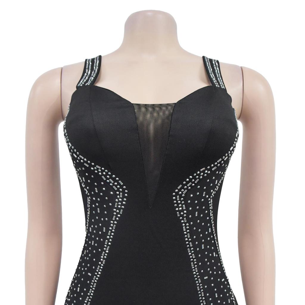 European & American Fashion Rhinestone Strappy Midi Dress - Women's Hot-fix Style New Arrival