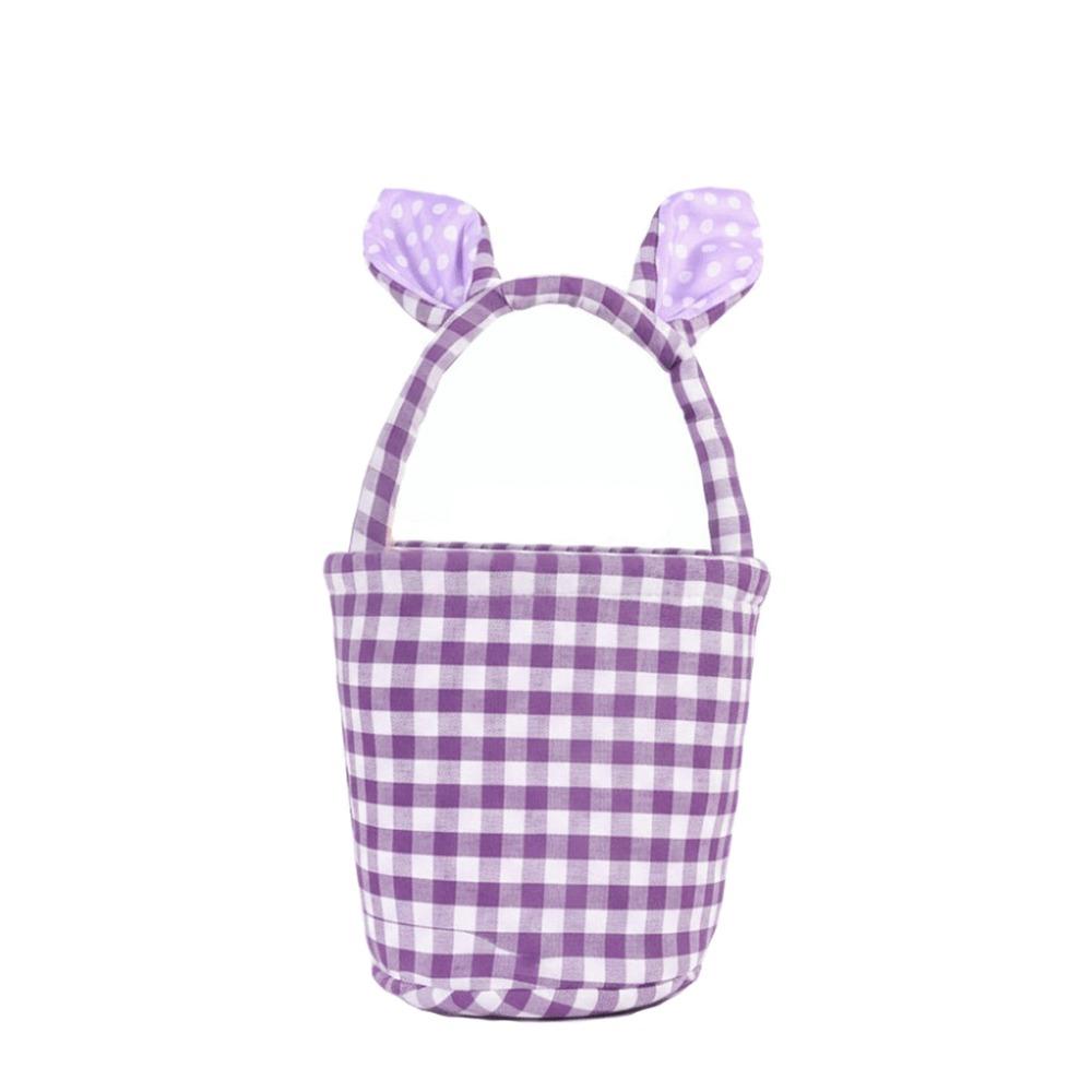 Grid Design Rabbit Ear Basket Breathable Material Plaid Pattern Easter Eggs Basket Bunny Ear Handle Moisture Resistant