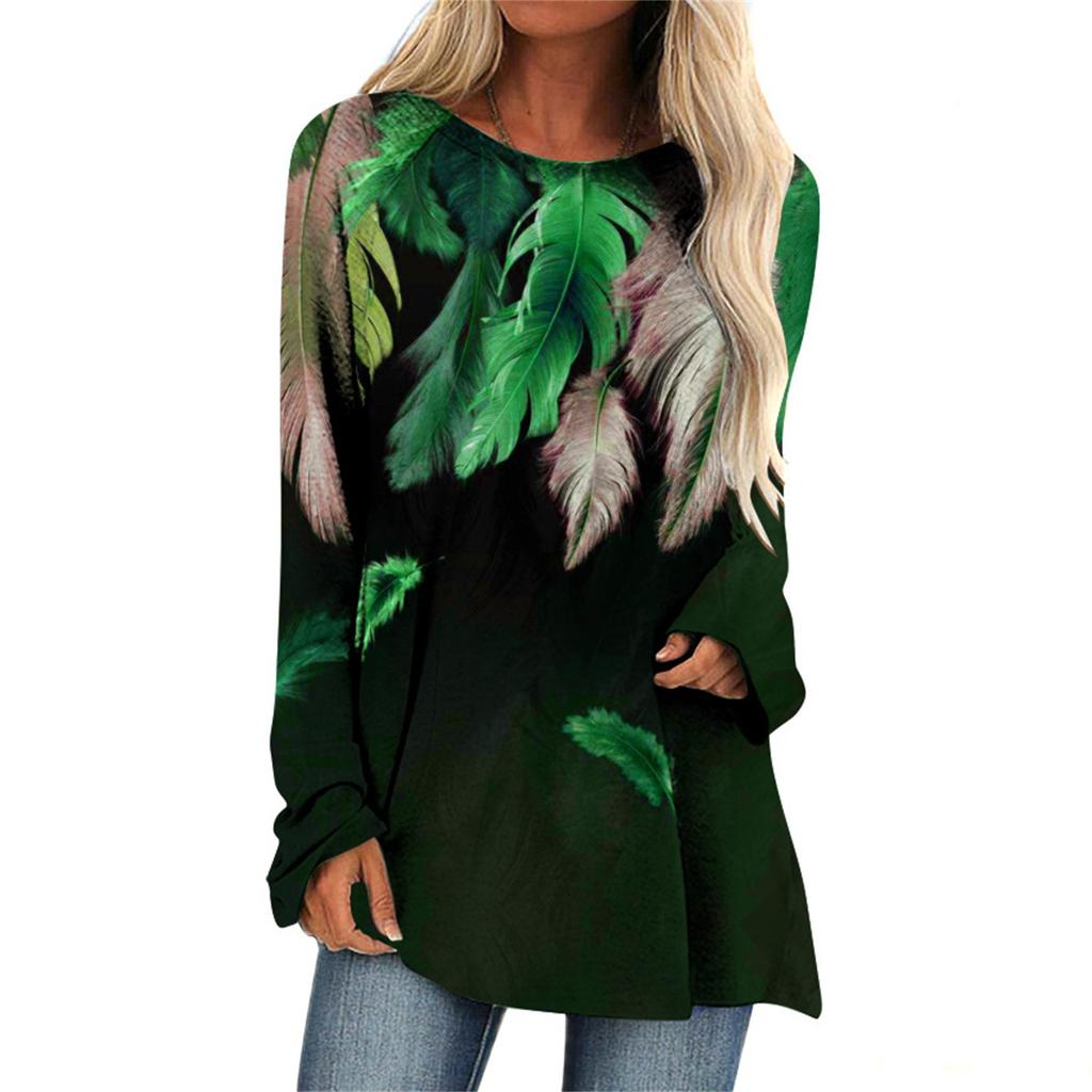 Fashion Womens Casual Loose Round Neck Long-sleeved Print T-shirt Tops