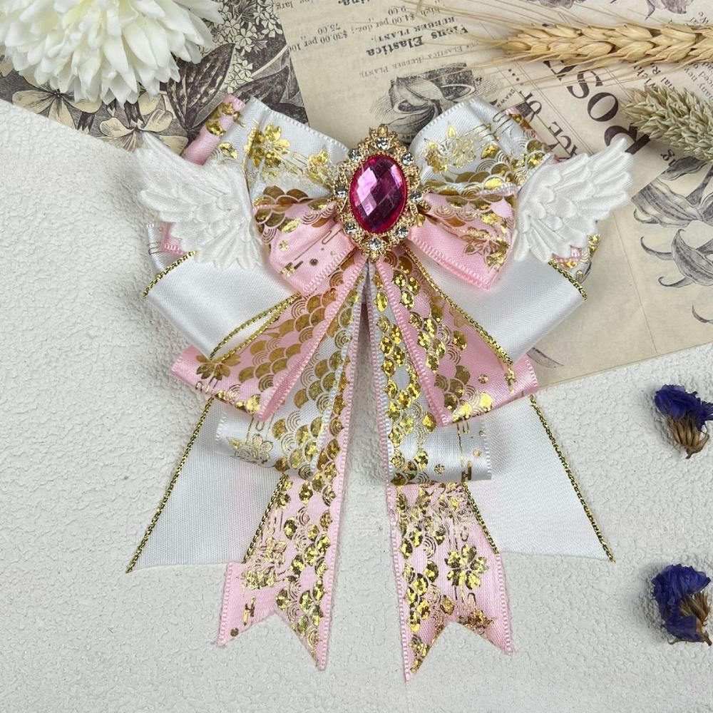New Cosplay Lolita Fabric Bow Brooches for Women Handmade Jewelry Angel Wings Crystal Shirt Collar Pin Vintage Accessories