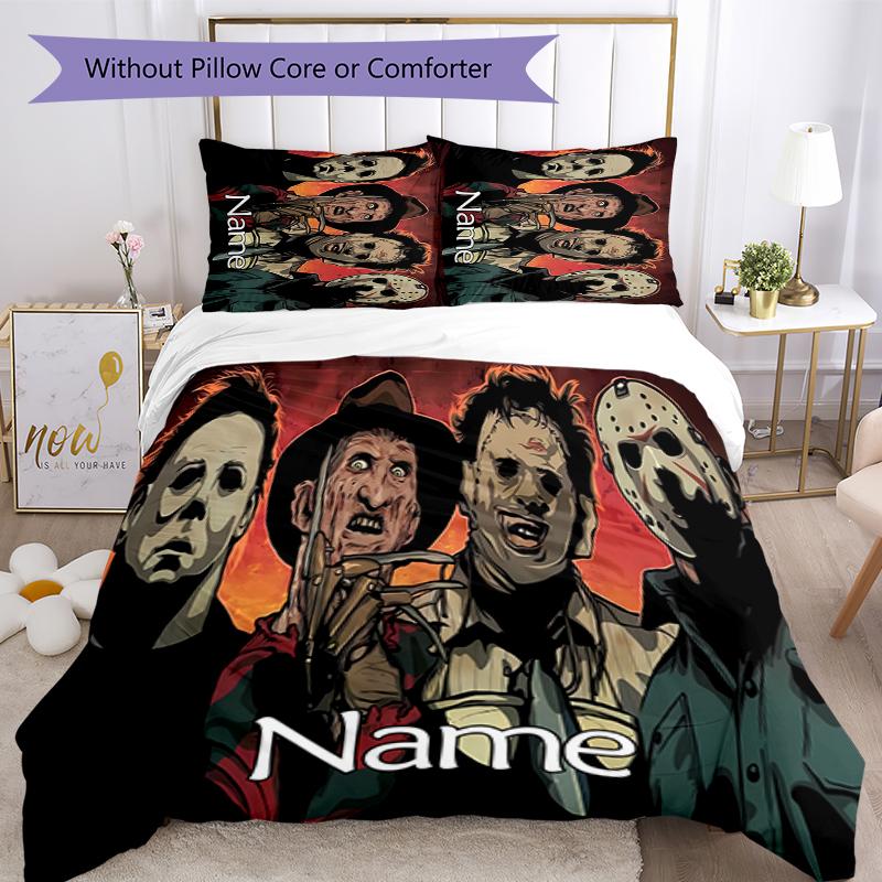 3pcs Custom Name Cartoon Horror movies Bedding Set Duvet Cover Closure Includes 1 Duvet Cover & 2 Pillowcases for All Seasons Bedroom Decor