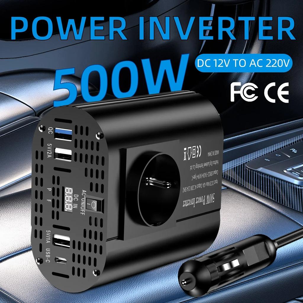 400W/500W/1500W Car inverter DC 12V to AC 220V converter, 3USB 2.0 and 1USB QC3.0 European standard socket