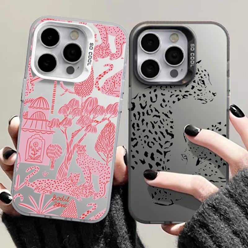 Phone Case for iPhone 15 13 14 Pro Max 11 12 Pro Mini X XR XS 7 8 Plus SE2 Fashion Pink Leopard Electroplate Hard Matte Cover