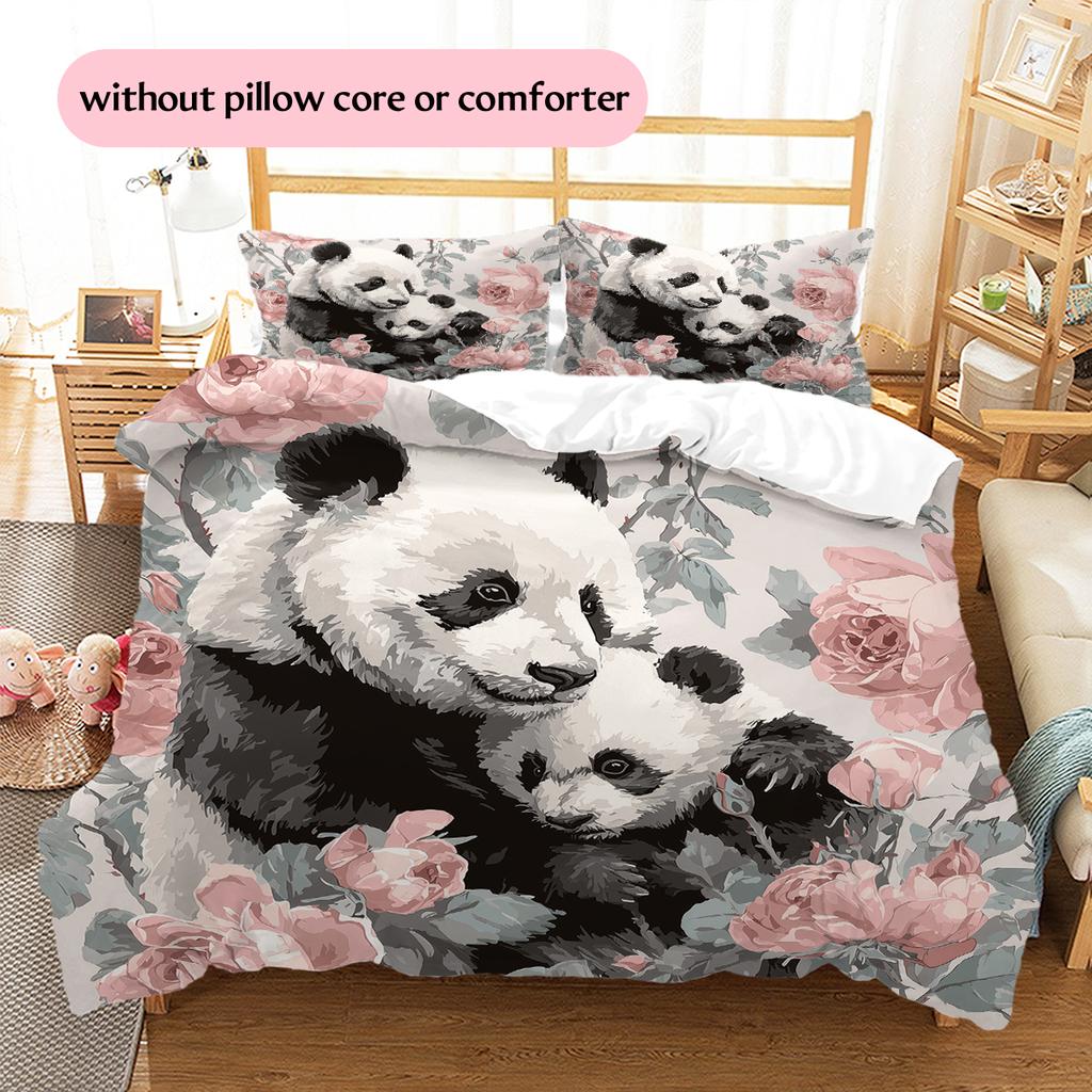 Panda and Rose Pattern Bedding Home Decoration Birthday Gift (1 * duvet cover + 2 * pillowcase, without core)