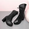 Women Mesh Fashion Black High Heel Platform Boots Spring Summer Modern Comfortable Soft Leather Thick Sole Mid Calf Boots