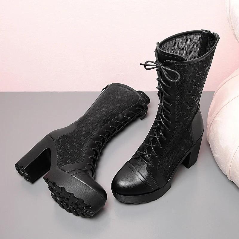 Women Mesh Fashion Black High Heel Platform Boots Spring Summer Modern Comfortable Soft Leather Thick Sole Mid Calf Boots