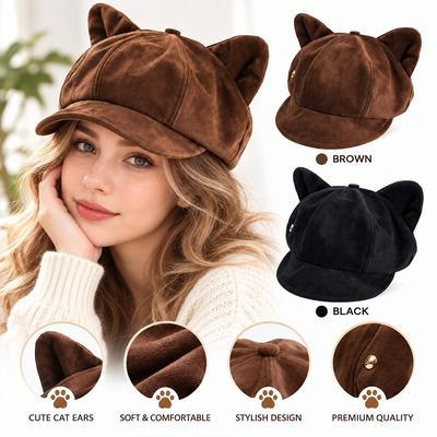 Solid Color Cat Ears Hat Suede Beret Hat Fashion Peaked Cap  Autumn Winter