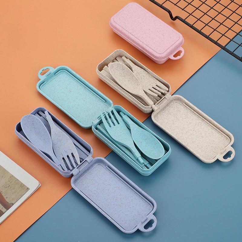 4pcs Wheat Straws Dinnerware Set Portable Tableware Cutter Fork Spoon Chopsticks Set Travel Cutlery Set Kitchen Utensil Box