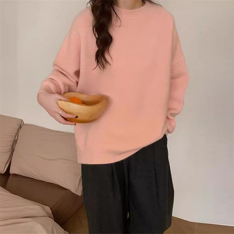 Retro Solid Color Hong Kong Flavor Round Neck Pullover Sweater Women's Autumn and Winter New Wear Loose Simple Knitted Sweater Top