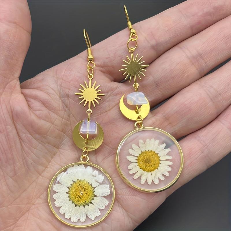 Soare auriu, lună, cu imprimeu de flori de margarete, cercei suspendați, drăguț, stil elegant, bijuterii din aliaj, cadou pentru femei la modă