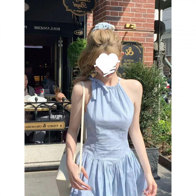 Summer Blue Stripe Knit Dress With Spliced Design For Streetwear Enthusiasts