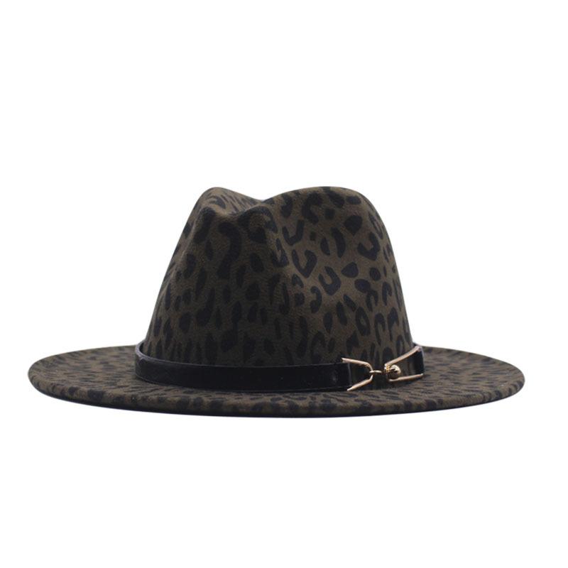 European and American new woolen leopard print top hat flat-brimmed big eaves hat couple hat pair buckle chain jazz hat