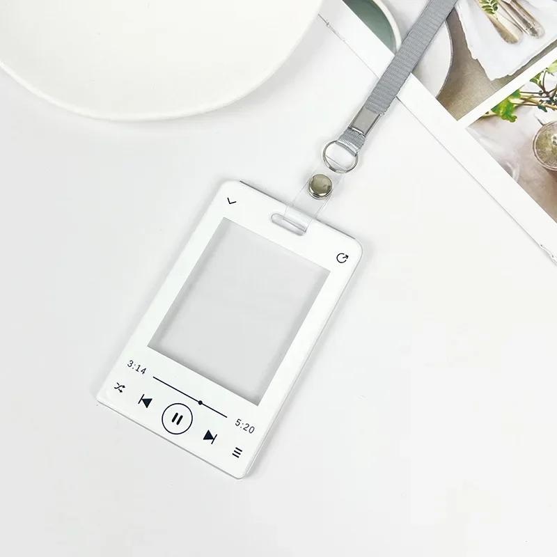 Music Player ID Card Holder with Spring Rope Heart Charm for Women Girls Kid Colorful Bus Subway Credit Card Protector Shell