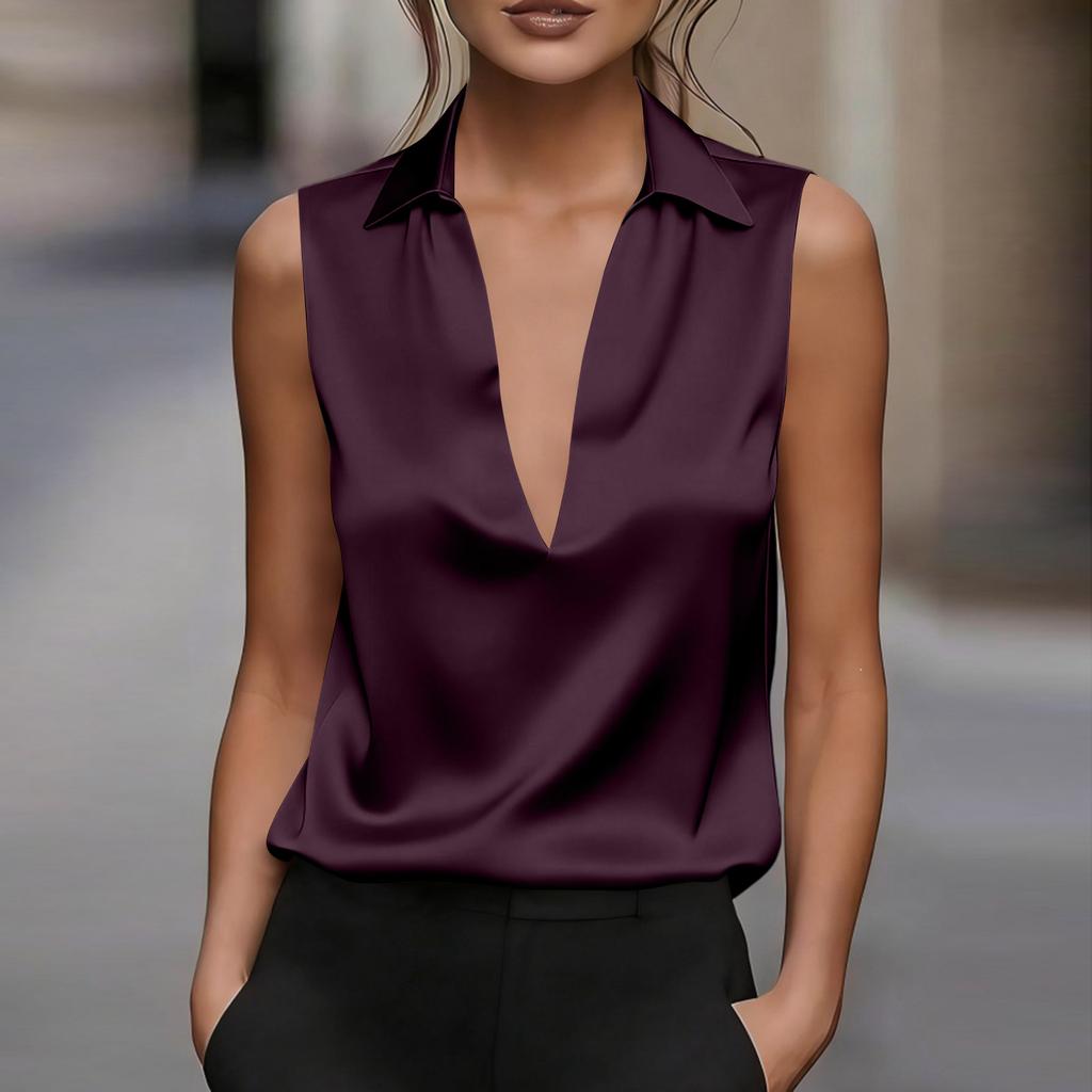 Blusa da Donna Colorata in Raso con Scollo a V e Senza Maniche per la Sera