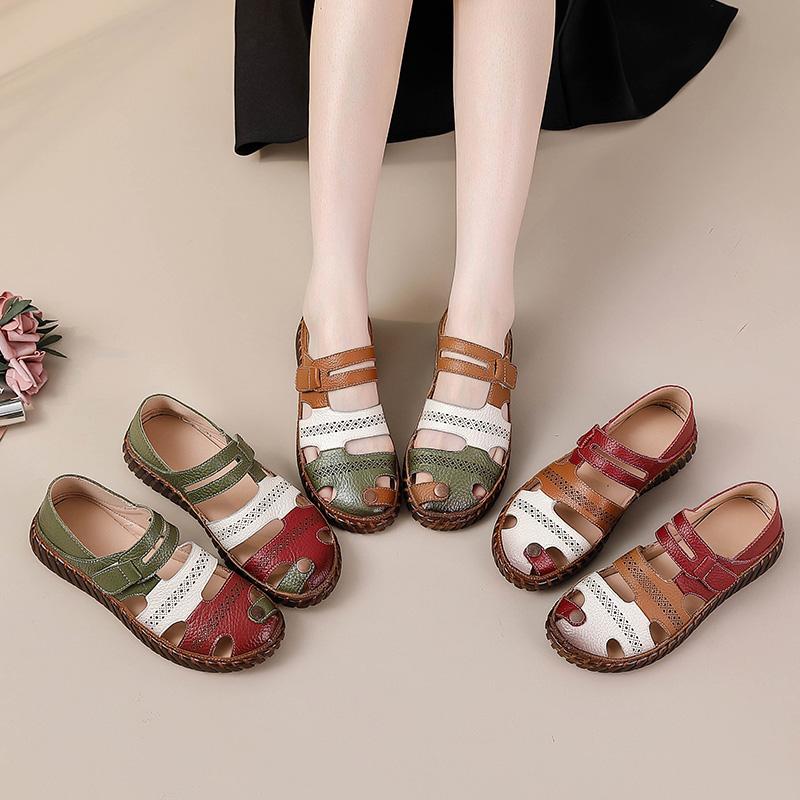 New cutout real leather sandals women's summer shoes size 43 ladies comfy closed toe strappy sandal woman flats barefoot shoes