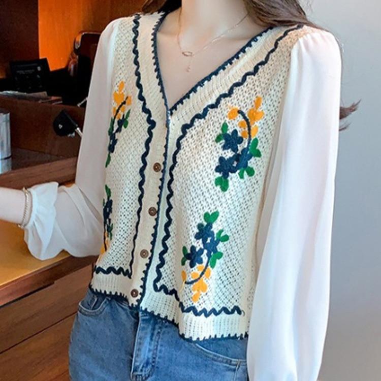 Blusa all'uncinetto con ricamo di fiori e maniche in chiffon, top cardigan con bottoni sul davanti da donna, primavera estate, Fairycore Cottagecore