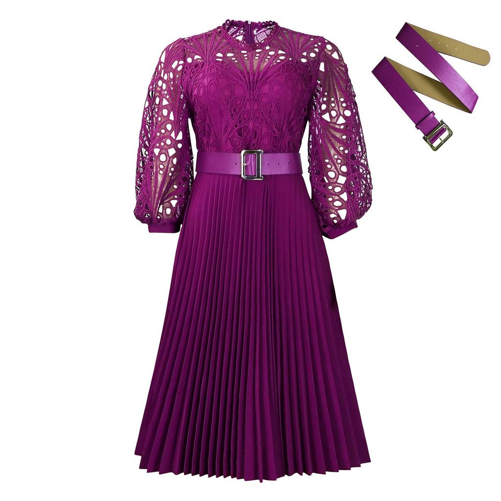 C8595 Women's Solid Color Lace Crochet Pleated Dress