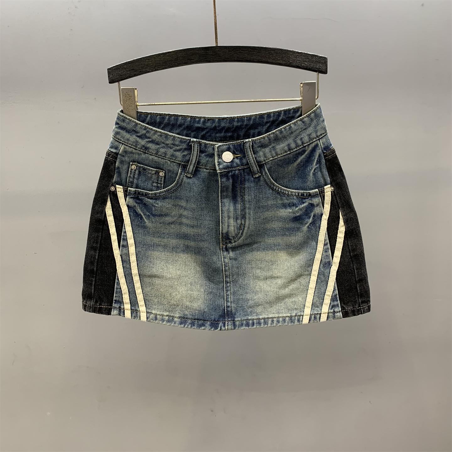 American retro contrasting color denim skirt women s summer new foreign look thin Spice Girl A word hip skirt S синий