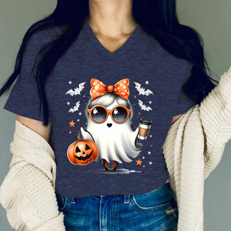 Halloween Ghost Graphic T Shirts Women Pumpkin Coffee Lovers Tshirt Fashion Ghost Print Women Funny Halloween Casual Tshirts
