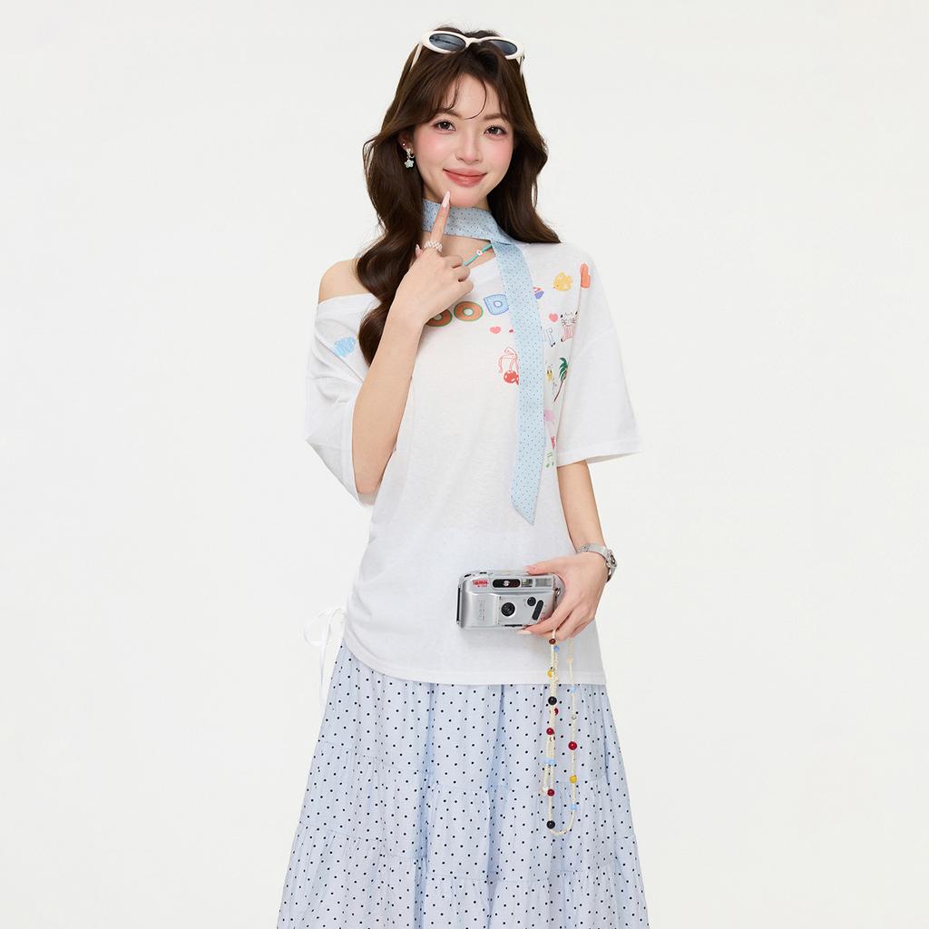 White Printed Diagonal Collar Off-shoulder Short-sleeved T-shirt Design Sense Spring and Summer New Loose Lazy Drawstring Top Women
