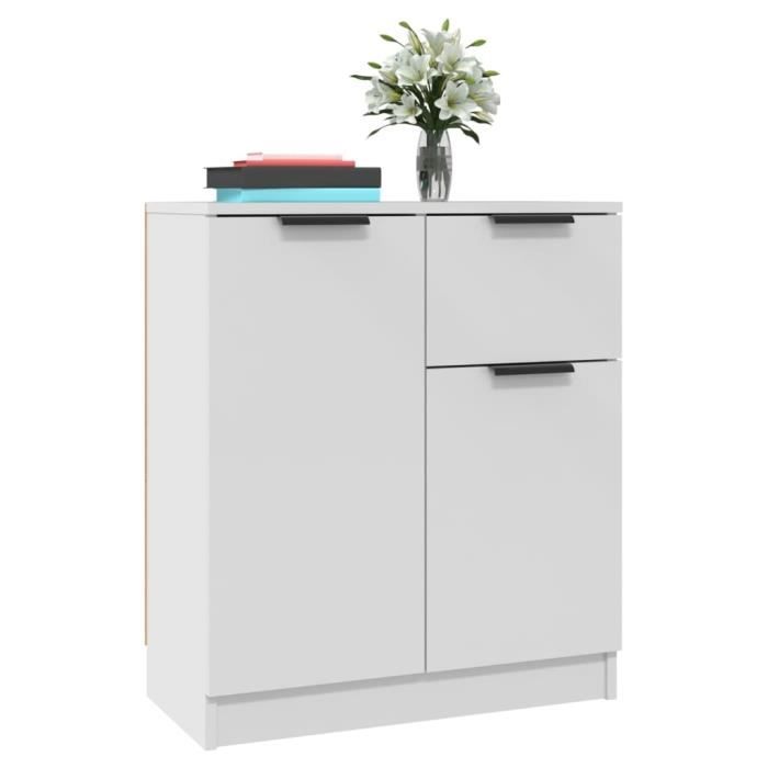 Low Buffet - White - 60x30x70 Cm - Engineered Wood - 4 Doors - Scandinavian Style