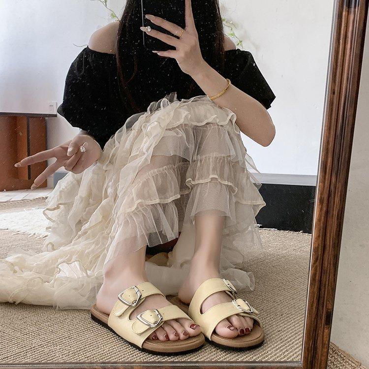 Soft Leather Version~ French Evening Breeze Bag Head Slippers Women's Summer Wear Retro Roman Flat-bottomed Beach Cool Slippers