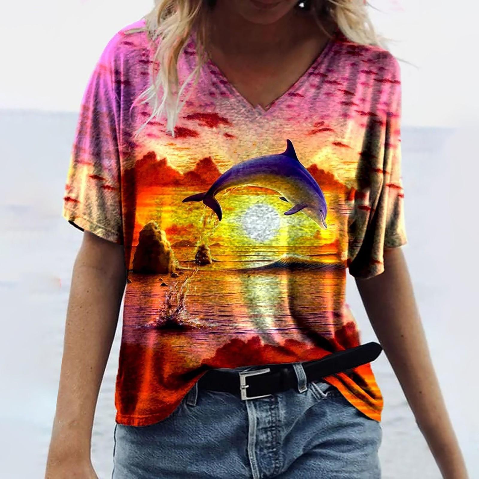 

Women s Casual Fashion Loose V-neck Print Short-sleeved Tops XXL красный