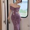 French celebrity sexy one-word shoulder fishtail dress women's summer temperament slim and thin hip dress banquet dress