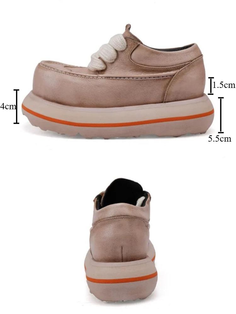 Johnature Genuine Leather Thick Soled Height Increasing Shoes Retro Lace Up Versatile High-heeled Pumps
