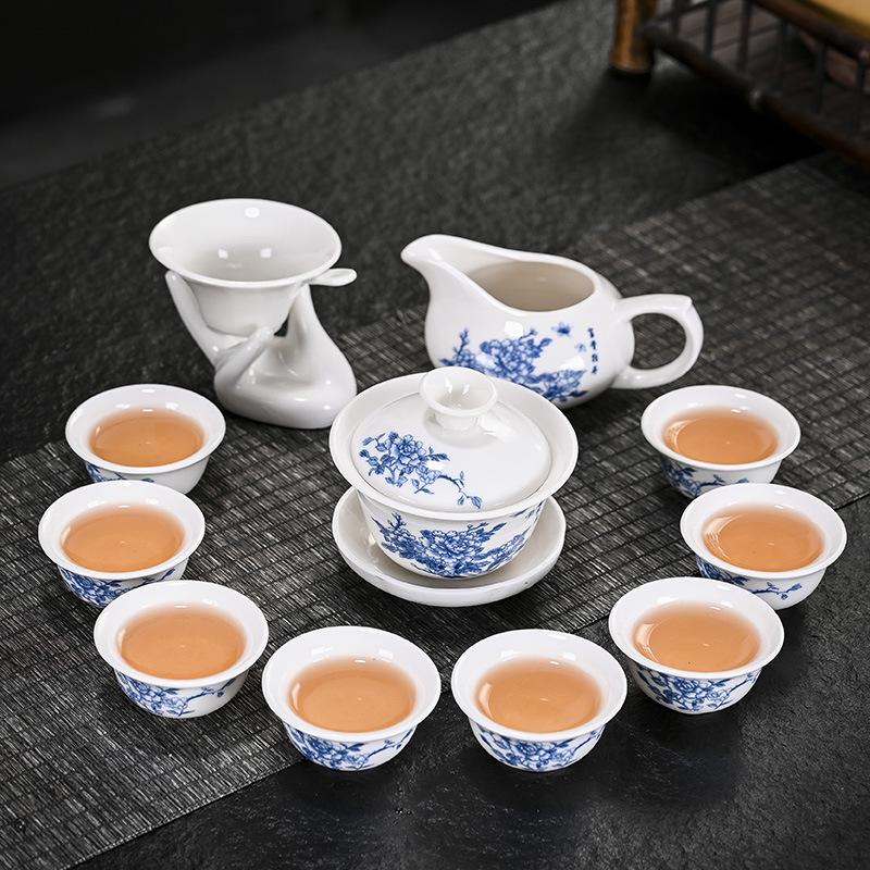 Dehua white porcelain tea set company annual meeting full set of kung fu ceramics business activities gifts blue and white porcelain