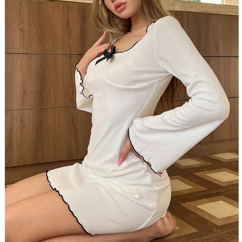 

Модная женская ночная рубашка с круглым вырезом и бантом - Удобная пижама с длинным рукавом для весны/осени X-Large грязно-белый