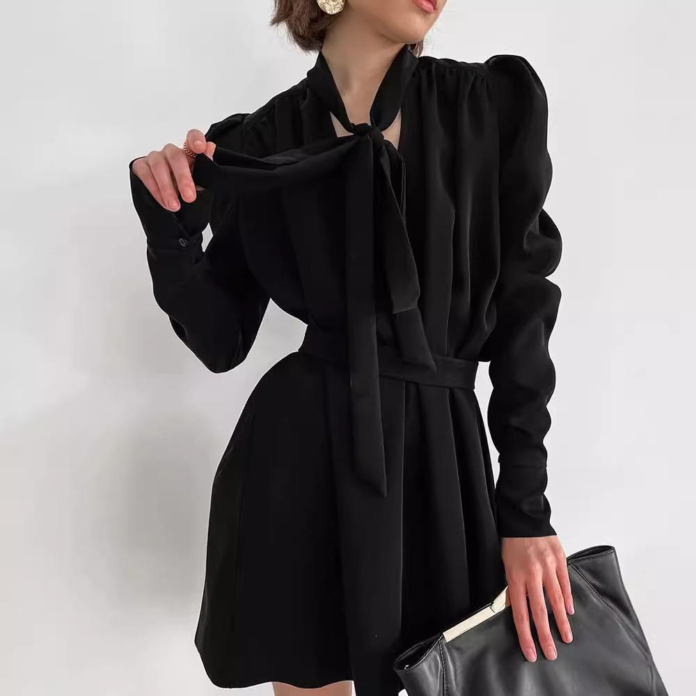 French Temperament Daughter Style Autumn V-neck Bubble Sleeve Dress European and American Long-sleeved Chiffon Short Skirt Women