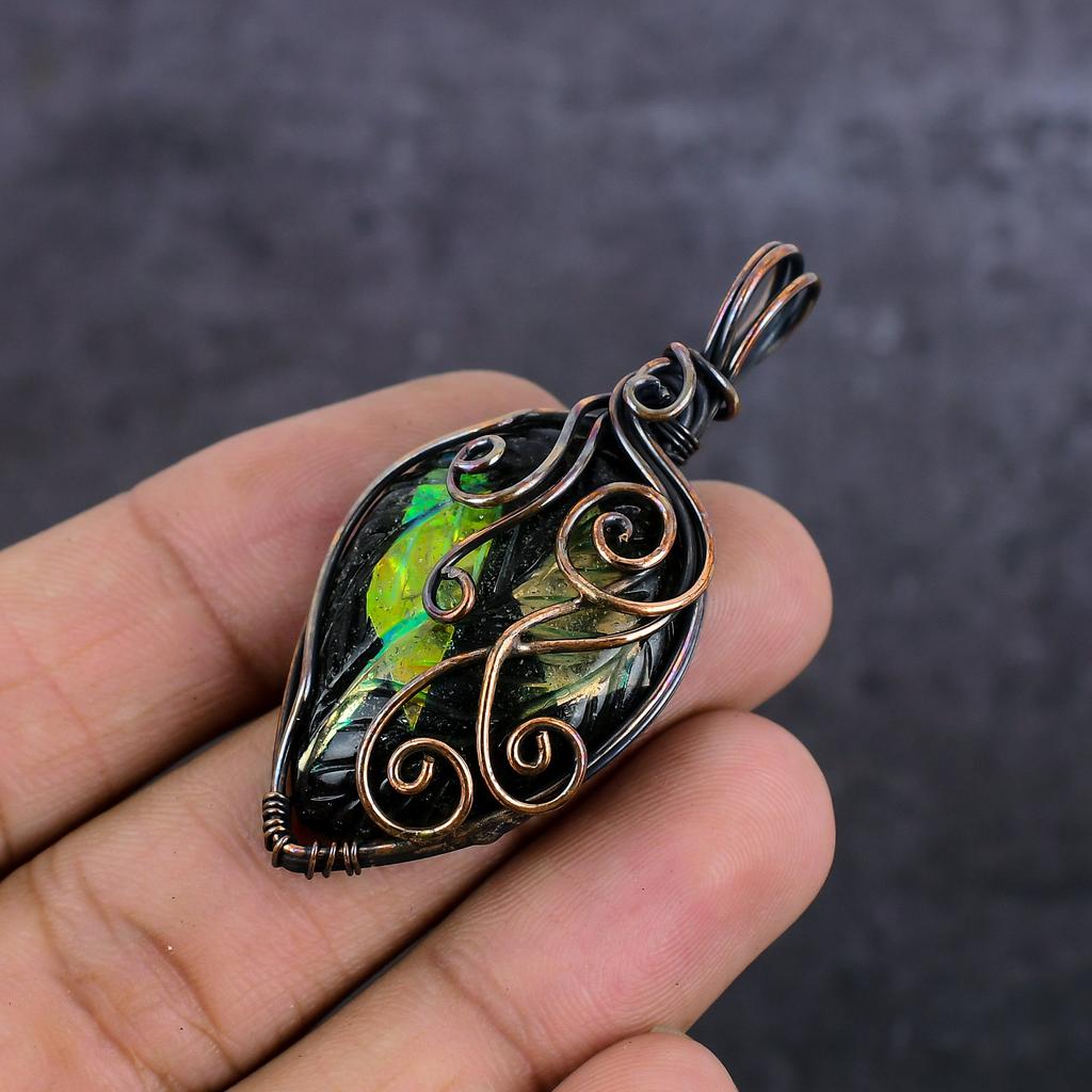 Dichroic Glass Gemstone Handmade Copper Wire Wrap Jewelry Pendant 2.25" P2t61