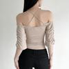 Beaded Off Shoulder Ruched Top – Slim Fit Batwing Sleeve Solid Color Women Blouse for Party & Summer Fashion