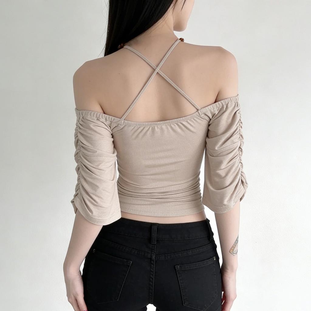 Beaded Off Shoulder Ruched Top – Slim Fit Batwing Sleeve Solid Color Women Blouse for Party & Summer Fashion