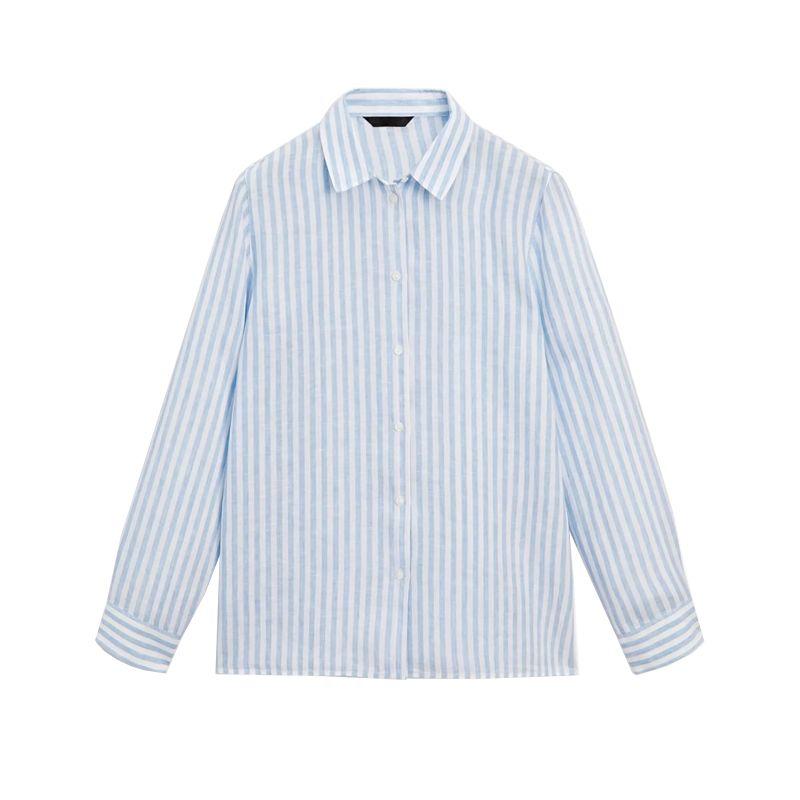 

MD Spring/Summer New French Style Temperament Commute Style Blue Plaid Linen Blend Stripes Shirt 5129680 Stripes L