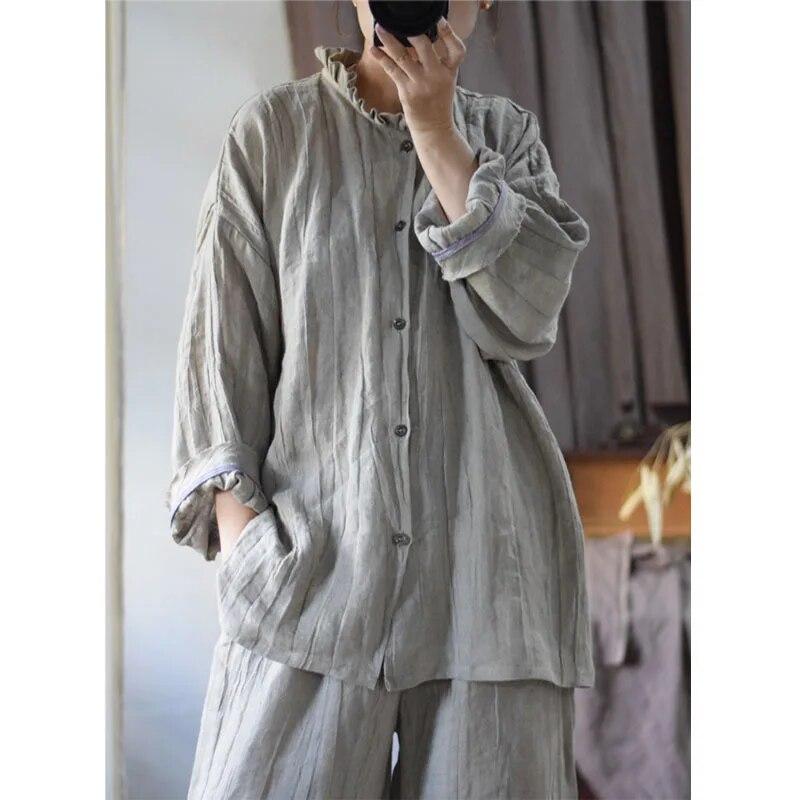 Johnature Linen Retro Irregular Vintage Style Shirt Autumn Woman Long Sleeves Casual Single Breasted Shirt