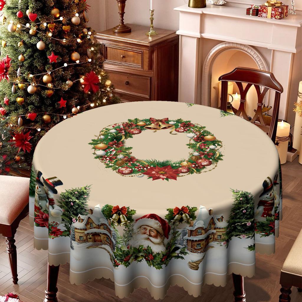 Light Luxury Christmas Waterproof Tablecloth, Santa Claus Snow Print Rectangular And Round Table Tablecloth