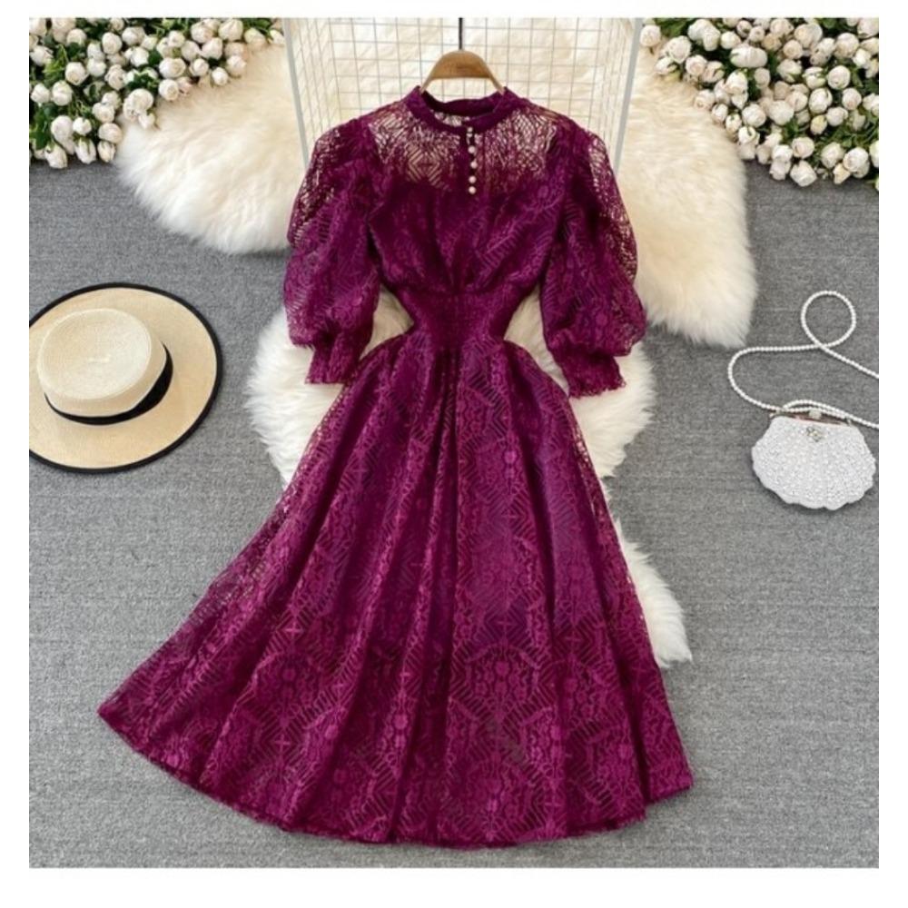 Court Style Stand-up Collar High Waist and Thin Bubble Sleeves Lace Dress Bohemian Seaside Vacation Big Swing Dress Women