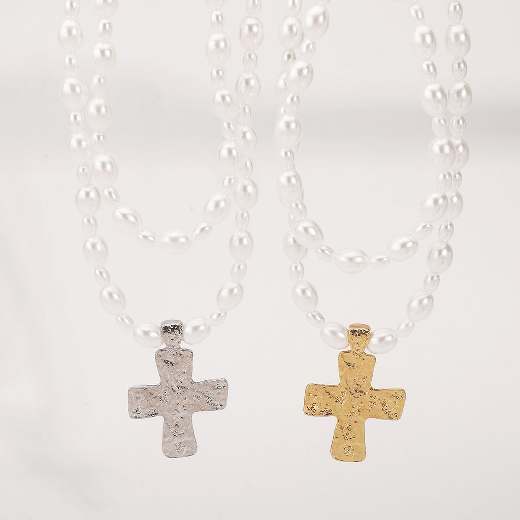 Tooxika Crucifix Pendant Necklace French Vintage Pearl Double Layered Collar Chain