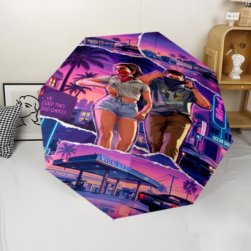 Game Grand Theft Auto Print Automatic Umbrella, 8 Rib Iron Frame, Plastic Handle, Suitable for Outdoor Travel &Daily , Ideal Gift