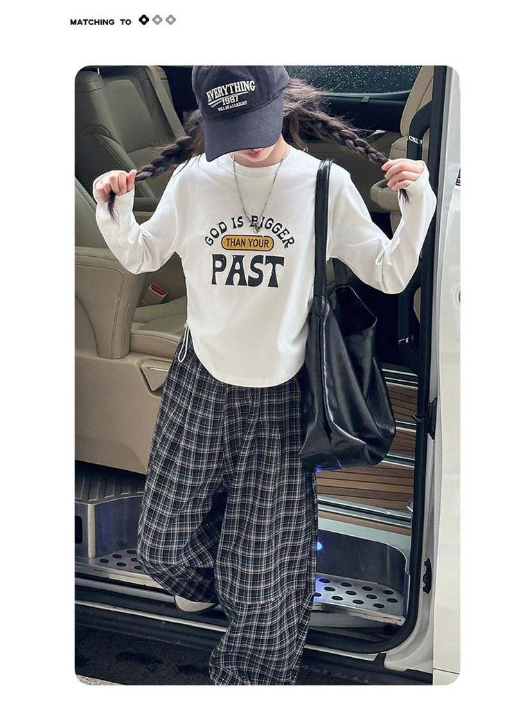 Sportliches zweiteiliges Mädchenset Herbst 2025: Buchstaben Kordelzug T-Shirt & Karierte Hose (Größe 7)