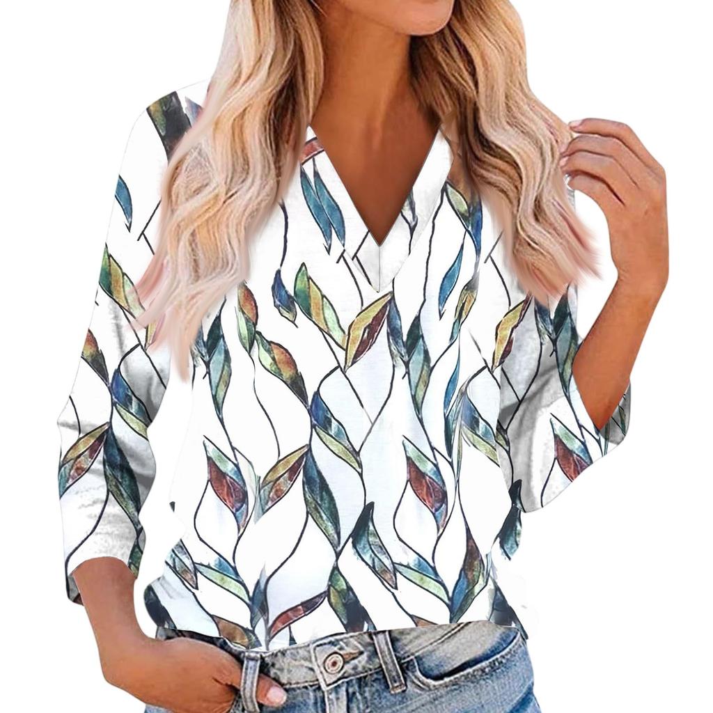 Women's Casual And Fashionable Flower Printing V-Neck Top With Seven Quarter Sleeves
